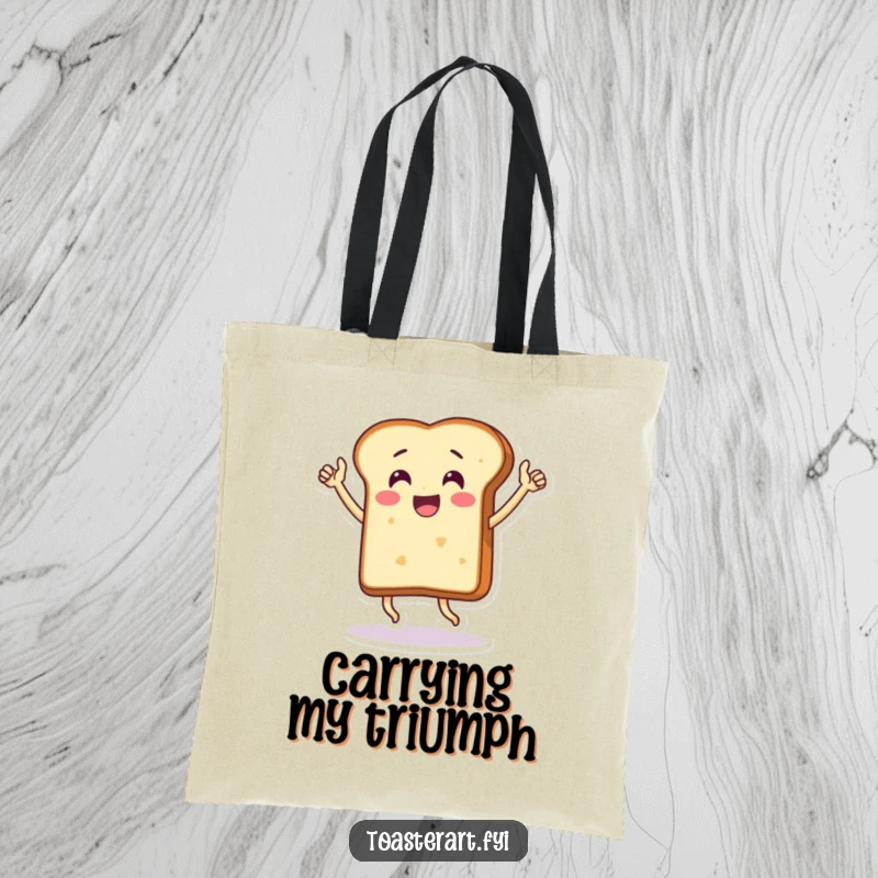 Funny tote bag featuring a thrilled bread slice character doing a victory dance, a celebration-ready accessory.