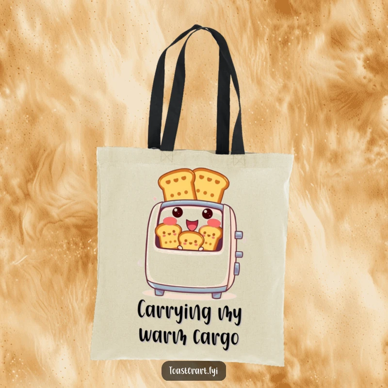 Funny tote bag showcasing a cheerful toaster character actively ejecting hot, perfectly browned toast figures, ready for a day out.