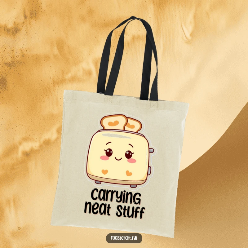 Funny smiling toaster tote bag, with perfectly patterned toast, a humorous and practical accessory.