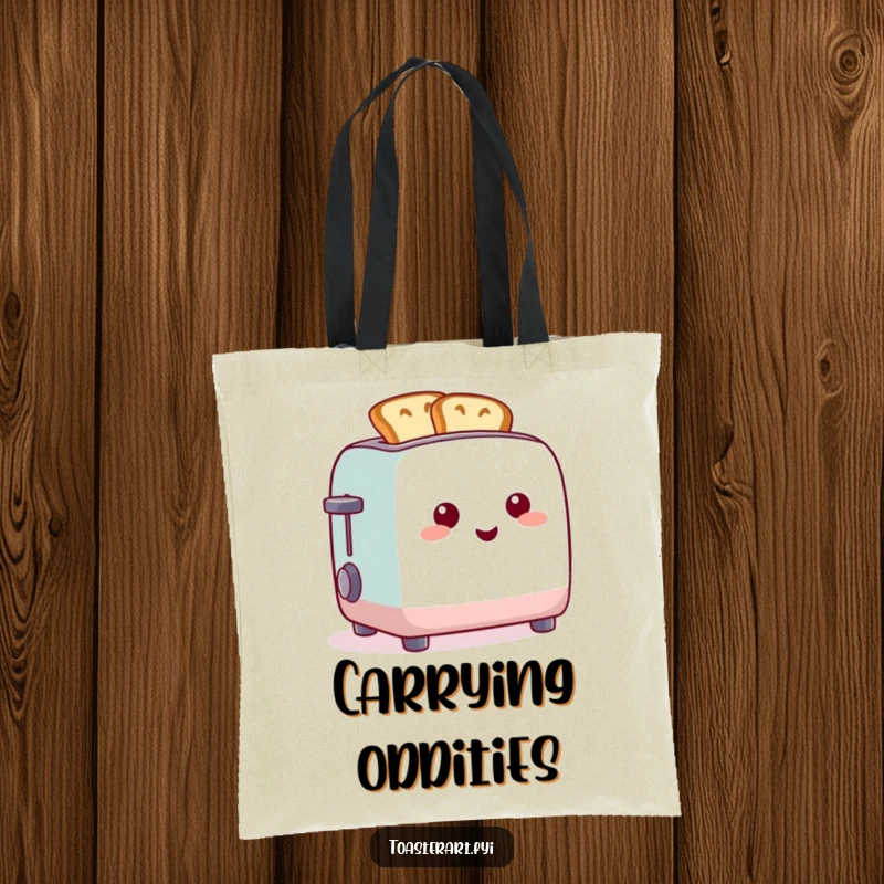 Funny tote bag featuring a happy toaster with toast sculpted into funny and imaginative shapes.
