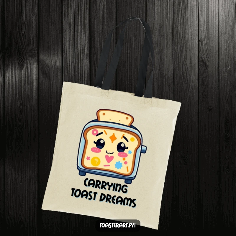 Funny Tote Bag featuring a cute toaster character creating colorful patterns on toast, a stylish and humorous accessory for errands.
