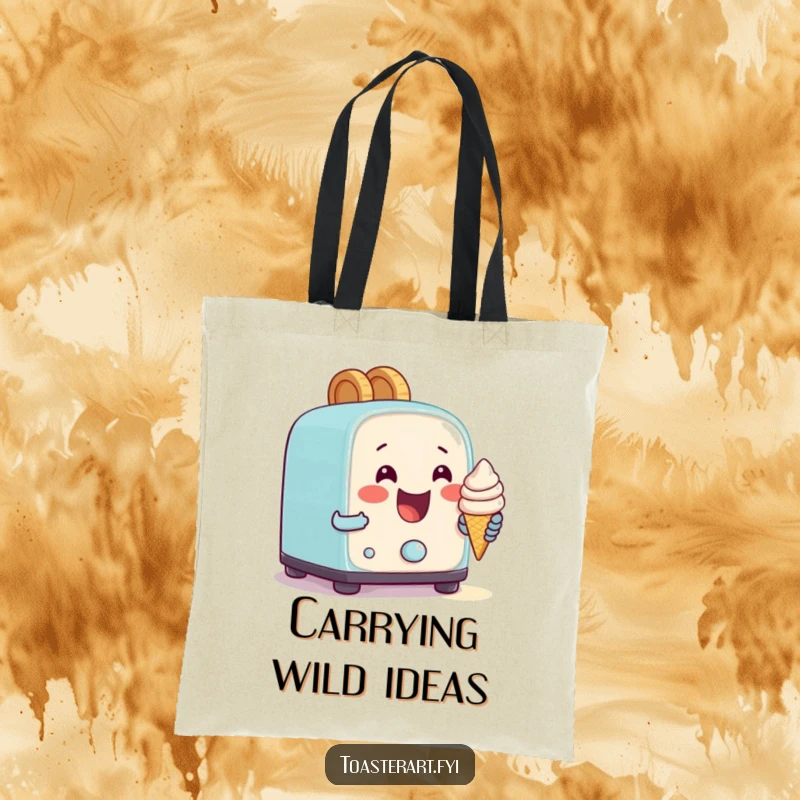 Funny tote bag featuring a happy toaster character attempting to bake a tiny ice cream cone, a humorous kitchen accessory.