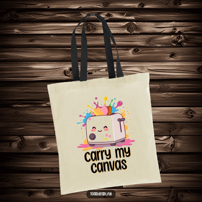 Funny tote bag featuring a happy toaster artistically splattering vibrant, colorful paint with a cheerful smile.