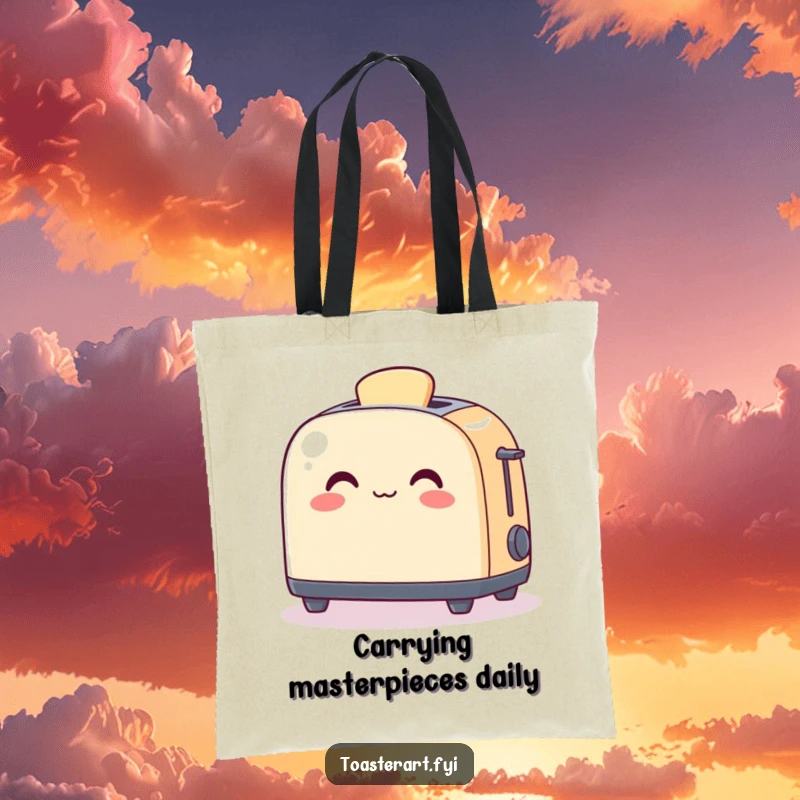 Funny Tote Bag with a cheerful toaster character warming a piece of art, perfect for carrying creative supplies humorously.