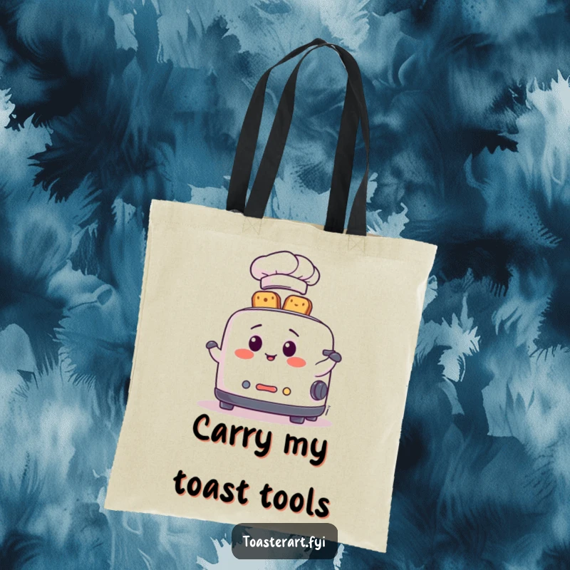 Funny Tote Bag with a charming chef toaster character in a hat, playfully juggling toast slices, perfect for market trips.
