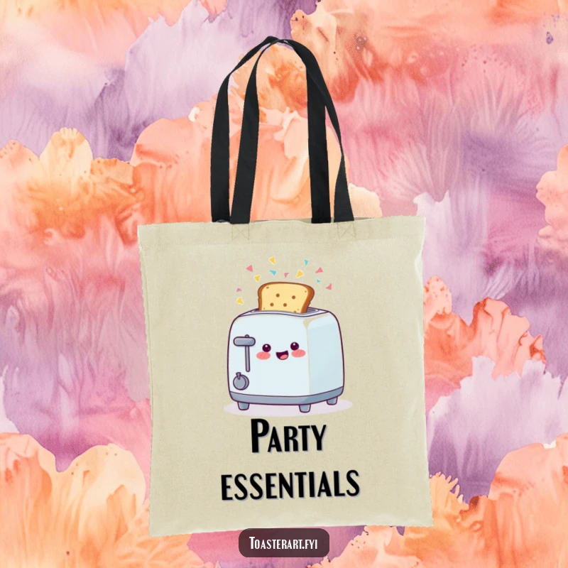 Funny tote bag featuring a happy toaster character ejecting toast with confetti, a festive and practical accessory.