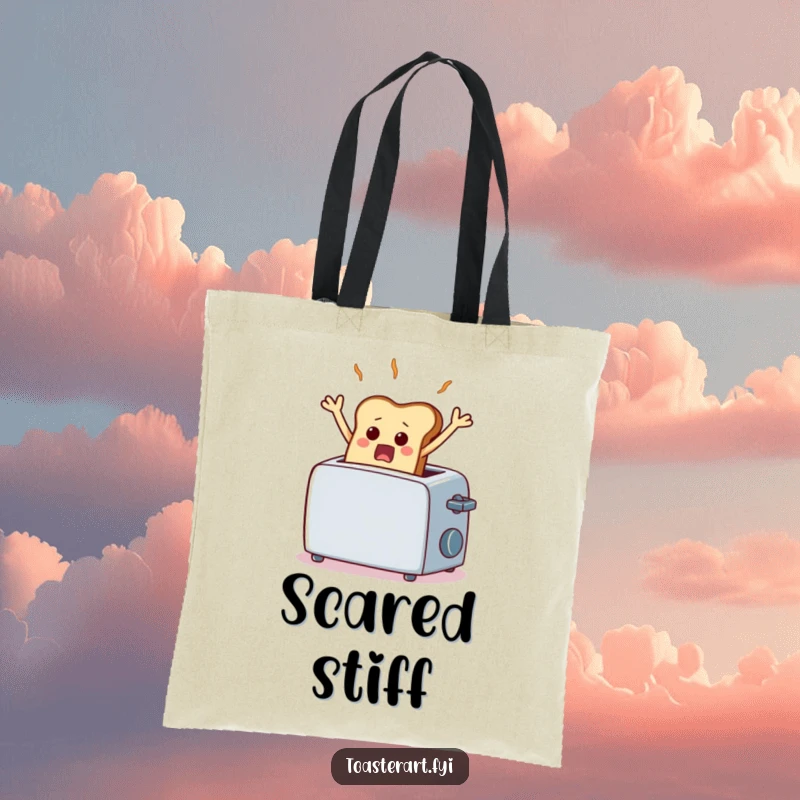 Funny tote bag showing a scared piece of toast comically frozen mid-air from a toaster, a humorous and useful accessory.