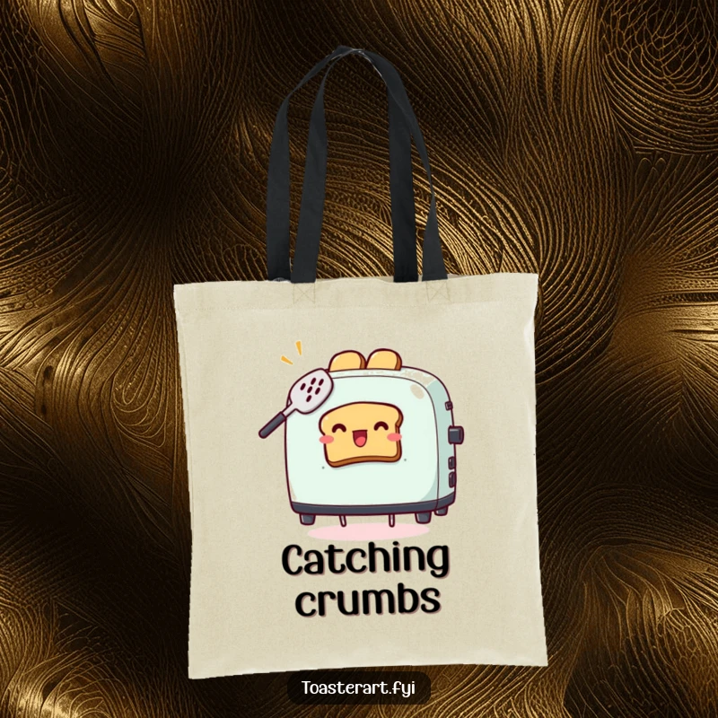 Funny tote bag featuring a toaster character comically trying to catch flying toast with a spatula, a humorous and useful accessory.