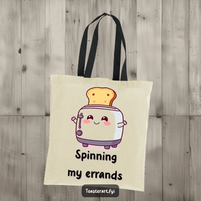 Funny Tote Bag with a smiling toaster character playfully spinning a slice of toast, perfect for carrying goodies with glee.