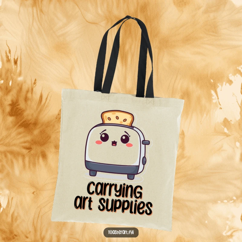 Funny, surprised toaster character looking at toast art on a tote bag, perfect for carrying artistic inspiration and essentials.