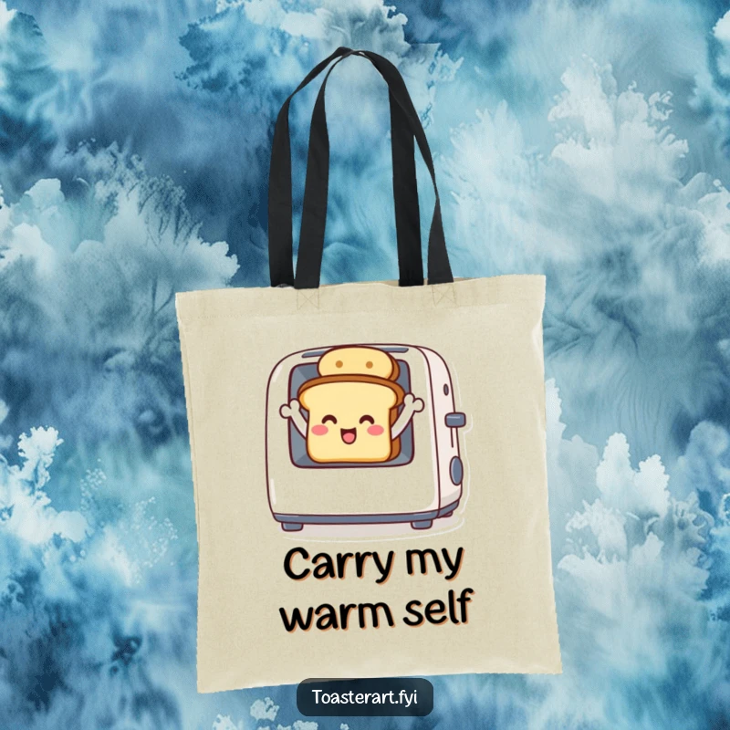 Funny tote bag with a delighted toast character waving from inside a toaster, a cheerful and practical bag.