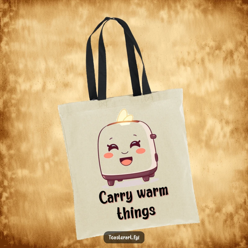 Funny tote bag with a delighted toaster character glowing warmly with a friendly smile, perfect for cheerful errands.