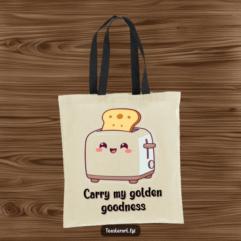 Funny tote bag with a grinning toaster character popping up flawless toast, ideal for grocery runs or everyday carry with humor.