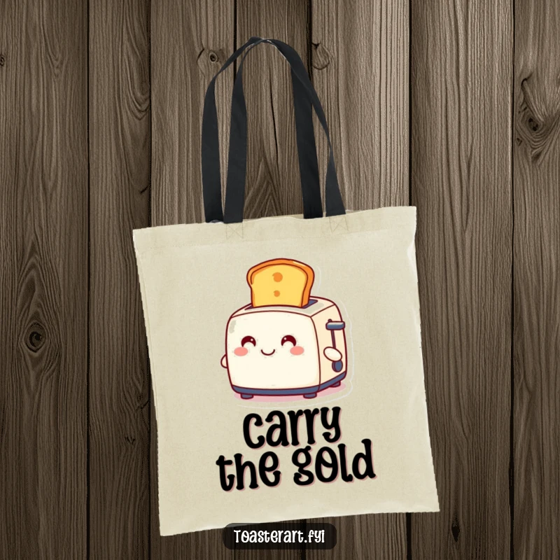 Funny tote bag illustrated with a toaster character proudly ejecting a golden slice of toast, a charming and humorous accessory.