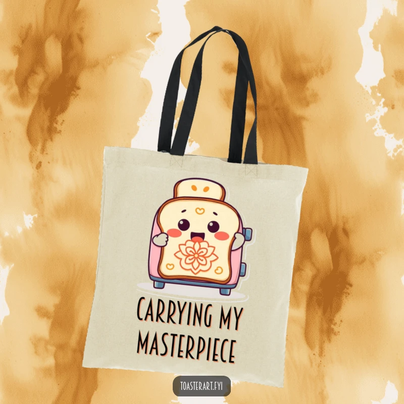 Funny tote bag depicting a cheerful toaster artist creating detailed designs on toast, a humorous and practical kitchen accessory.