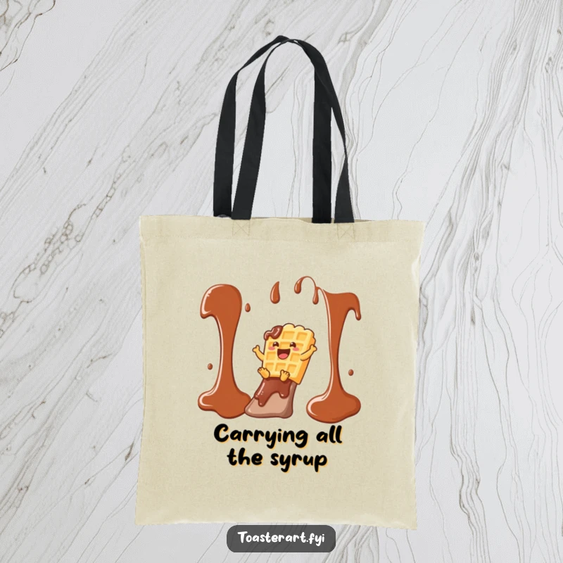 Funny waffle character sliding down a chocolate syrup slide on this tote bag, a whimsical and humorous carry-all.