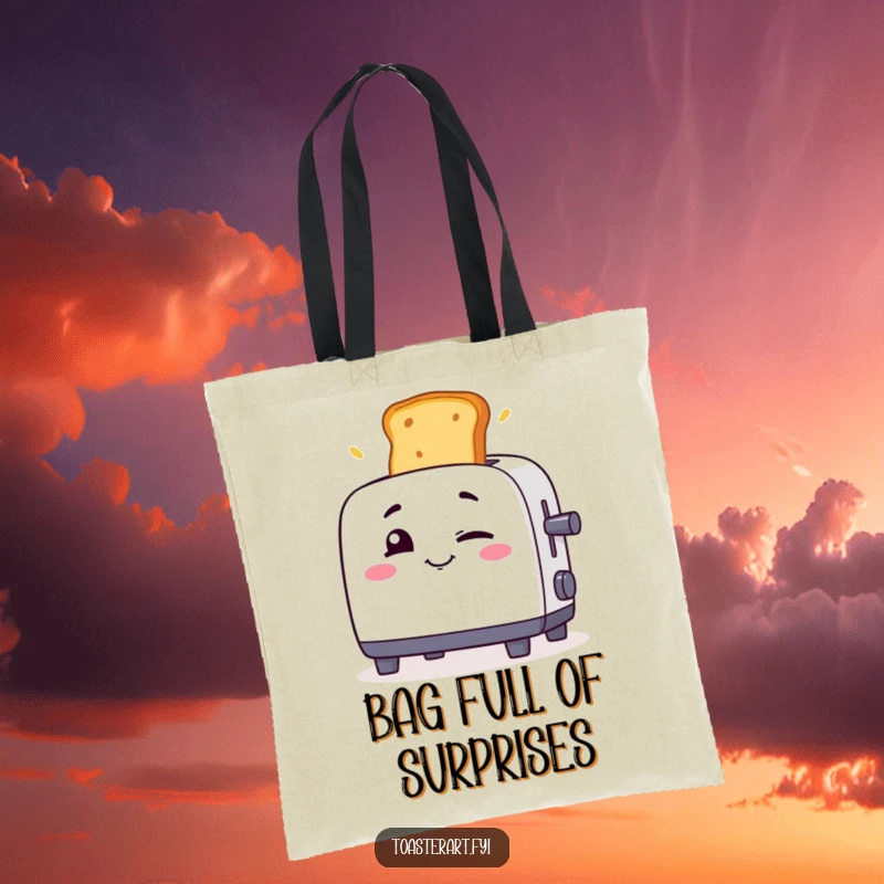 Funny toaster character winking as toast flies out on a tote bag, a humorous and stylish accessory.