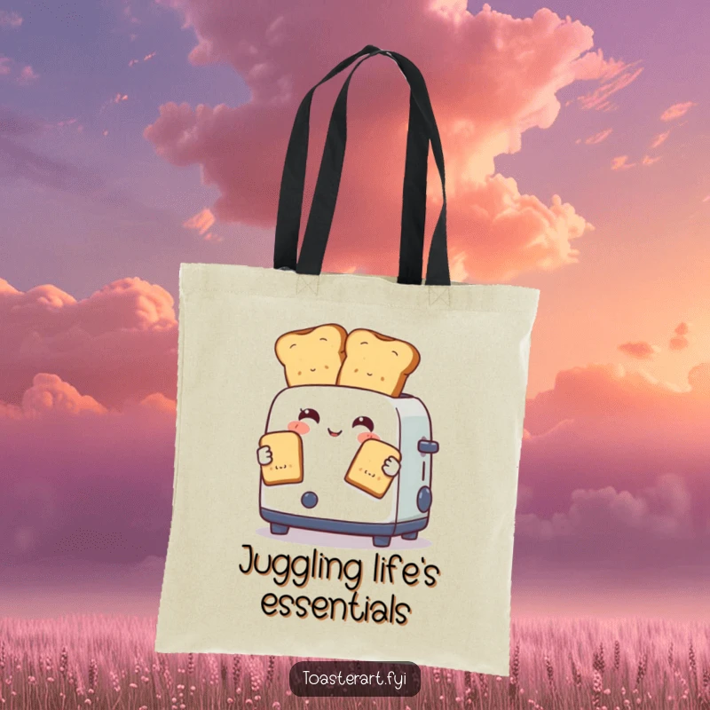Funny tote bag with a toaster character expertly juggling two perfectly browned toast slices, ideal for carrying essentials with humor.