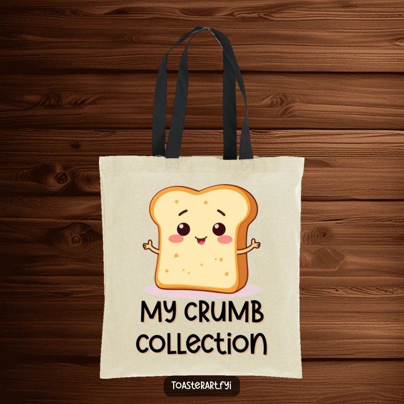 Funny Tote Bag with a smiling bread crumb character forming a funny shape on bread, a stylish and humorous accessory.
